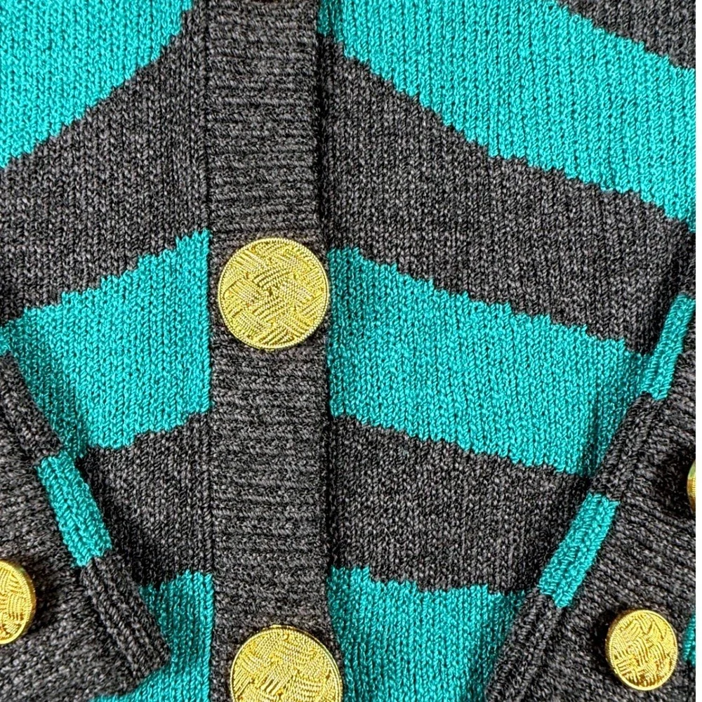 VTG 80s Don Sayres Wellmore Cardigan Wool Rayon USA Teal Gray Womens M Americana - Picture 5 of 9
